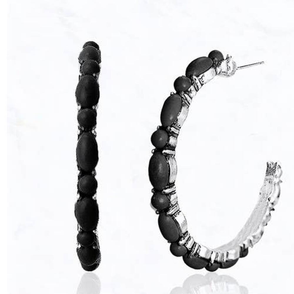 Jet Black 40MM Semi Genuine Stone Open End Hoop Earrings
